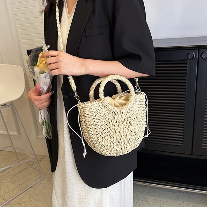 Handwoven Straw Rattan Crossbody Beach Bag
