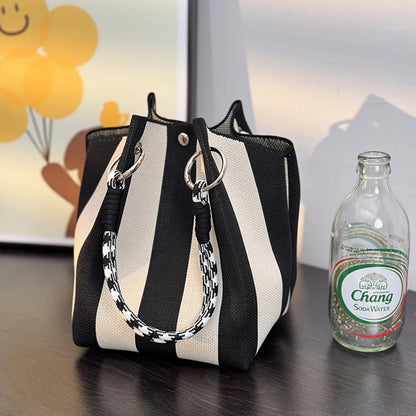 Color Block Knitted Cotton Bucket Tote Bag