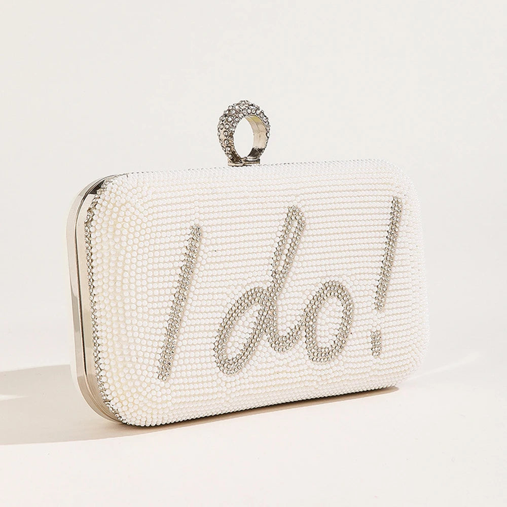 Women’s Pearl Beaded “I Do” Wedding Clutch with Chain Strap