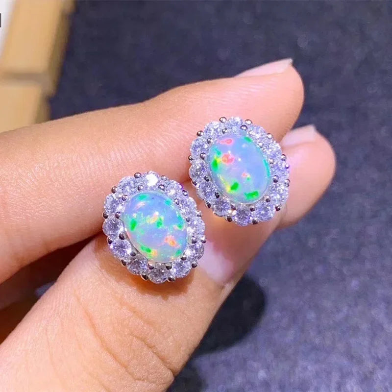 925 Sterling Silver Oval Opal Stud Earrings
