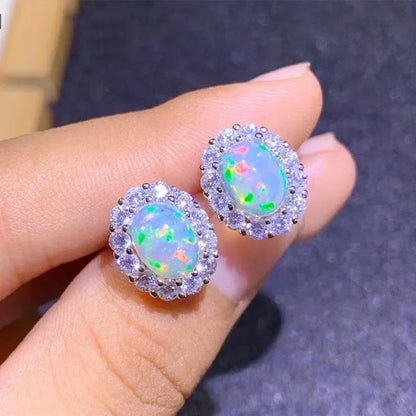 925 Sterling Silver Oval Opal Stud Earrings