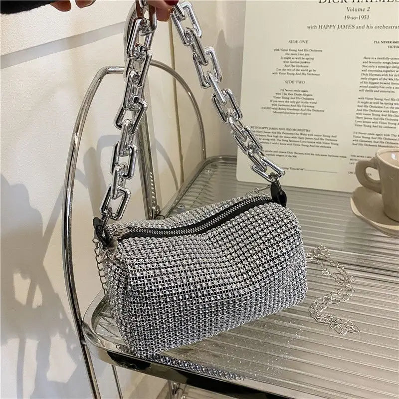 Rhinestone Bucket Bag – Glitter Chain Mini Crossbody Purse
