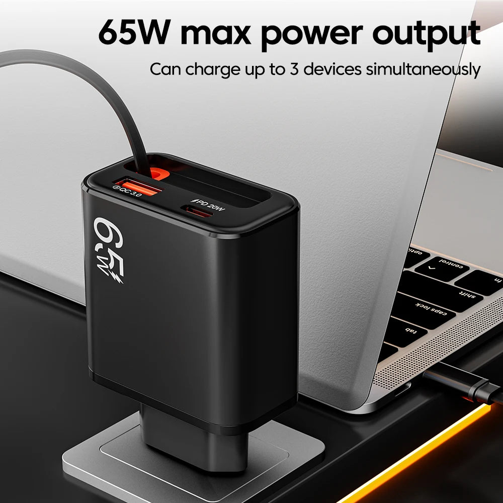 65W USB-C Fast Charger with Retractable Cable
