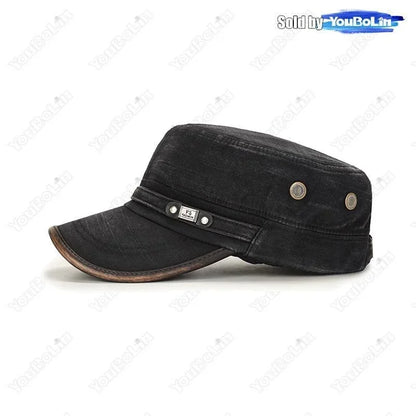 Washed Cotton Military Flat Cap with Leather Brim