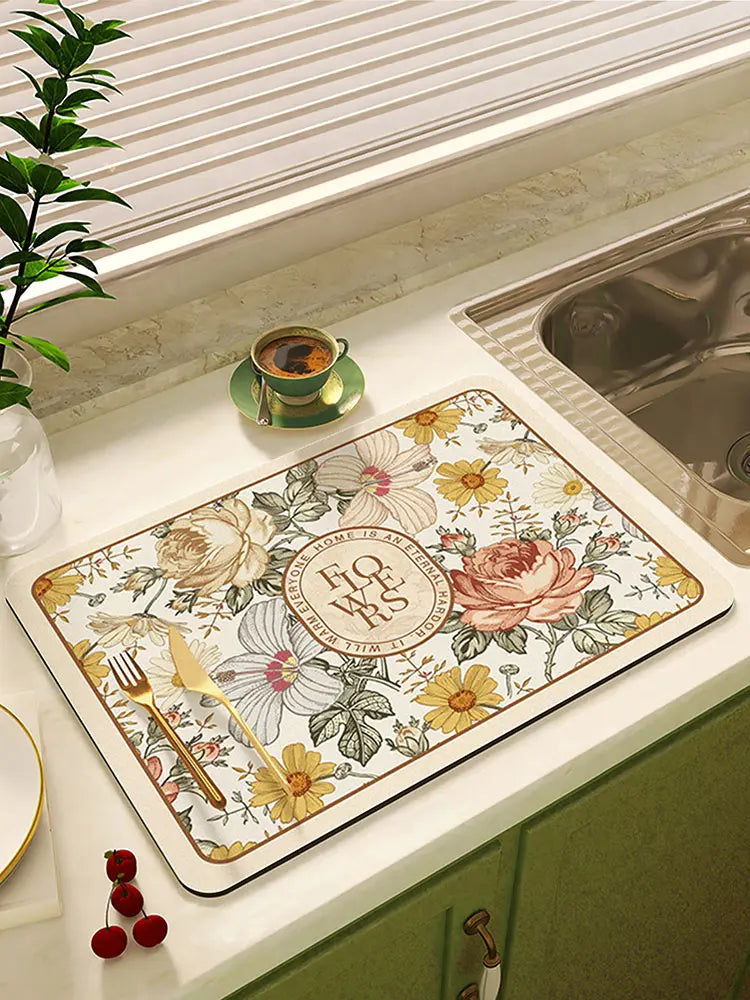 Super Absorbent Floral Dish Drying Mat