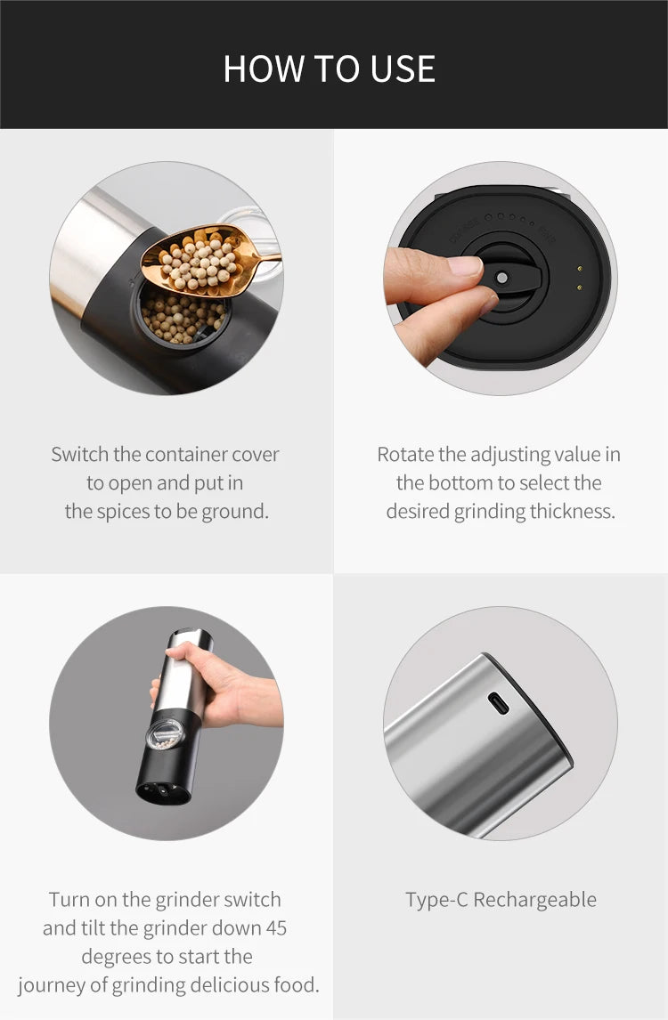 Electric Stainless Steel Spice Grinder with LED Light & Charging Base