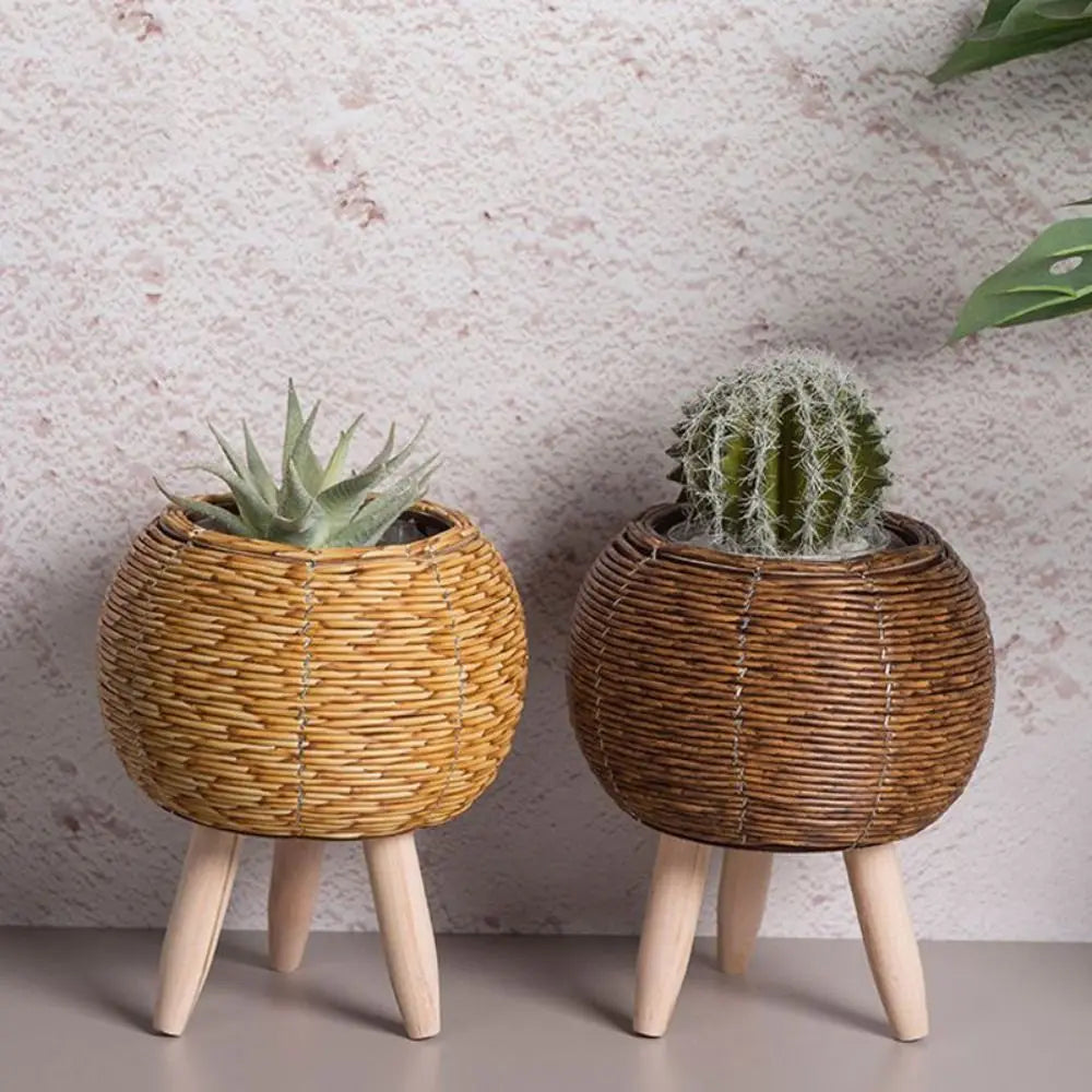 Nordic Rattan Style Plant Pot with Wooden Legs