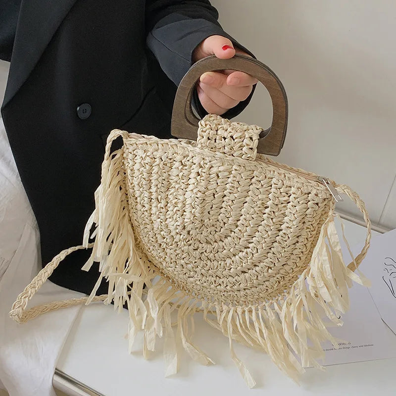 Handwoven Bohemian Straw Shopper Tote Bag