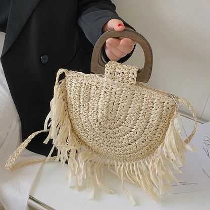 Handwoven Bohemian Straw Shopper Tote Bag