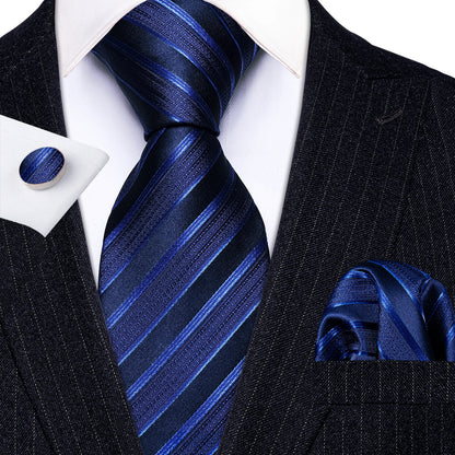 Barry Wang Jacquard Striped Silk Men's Tie Pocket Square Cufflinks Set