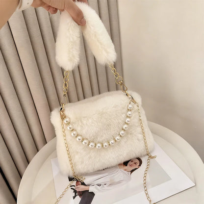 Pearl Chain Plush Shoulder Bag