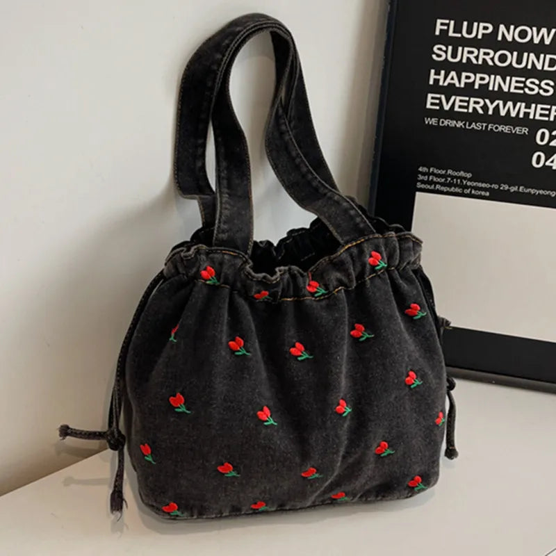 Embroidered Denim Drawstring Shoulder Tote Bag