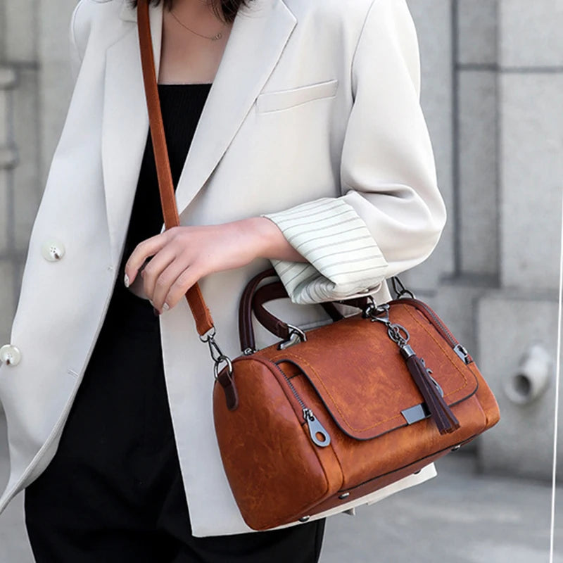 Vintage PU Leather Boston Handbag
