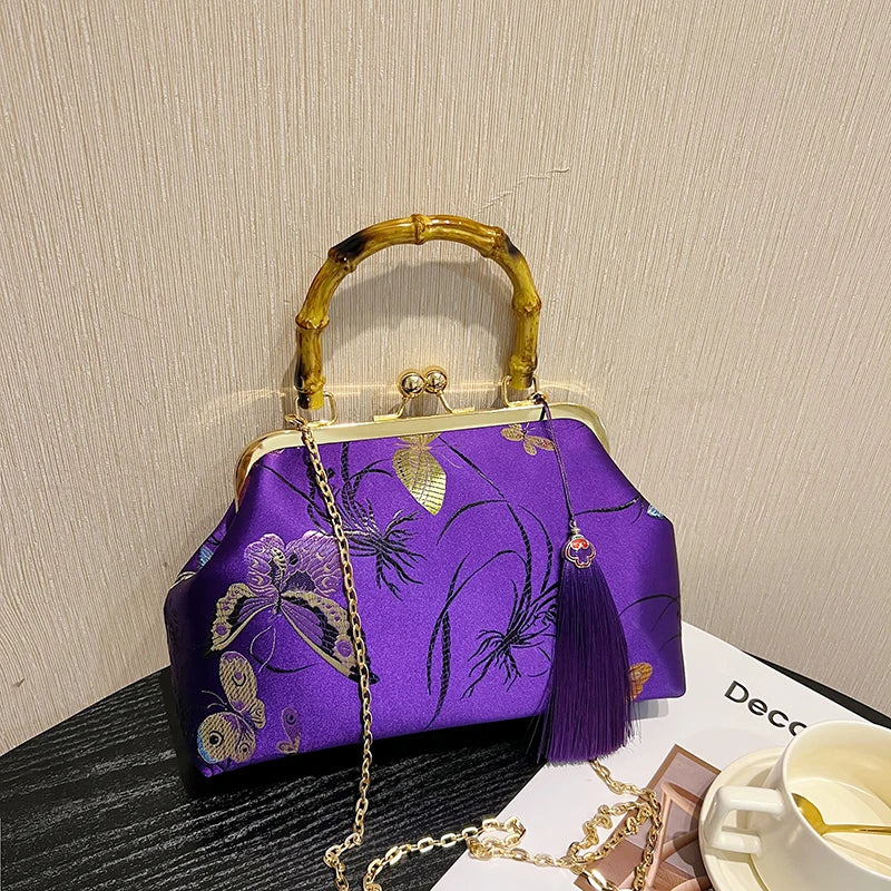 Luxury Embroidered Evening Handbag with Bamboo Handle