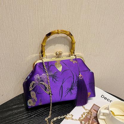Luxury Embroidered Evening Handbag with Bamboo Handle