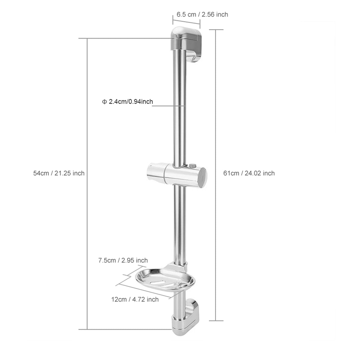 Stainless Steel Shower Slide Bar with Adjustable Holder & Soap Rack