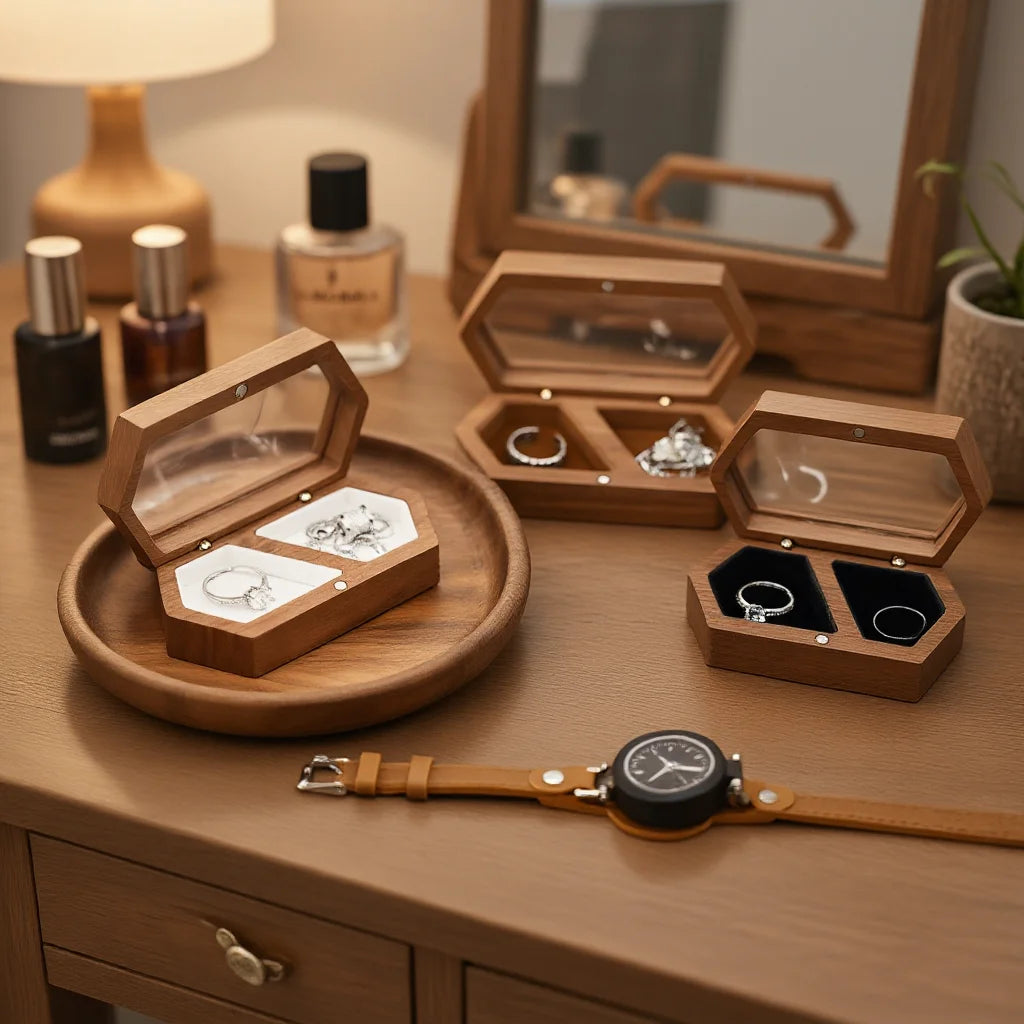Personalized Wooden Double Ring Box with Clear Window