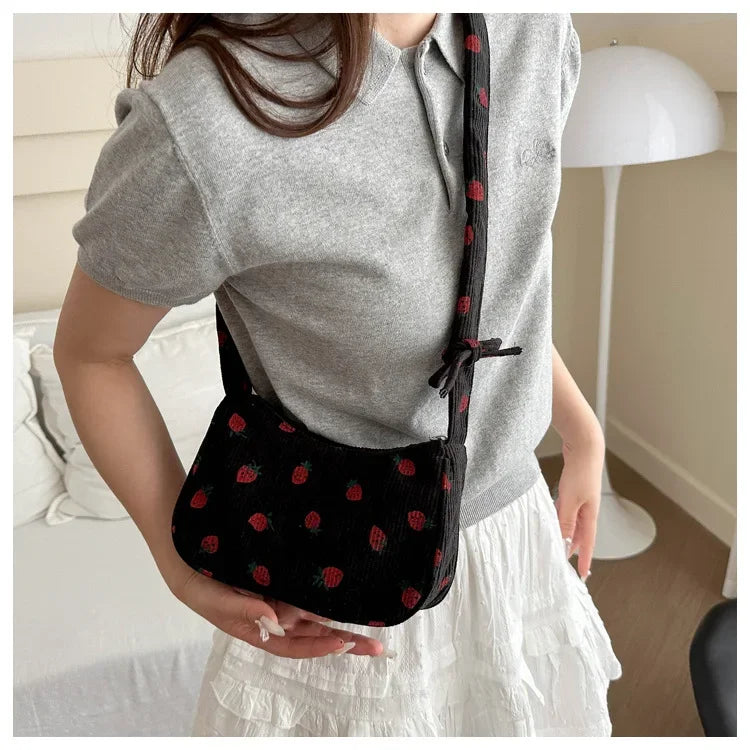Strawberry Print Corduroy Mini Shoulder Bag