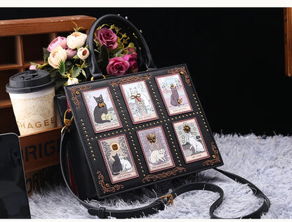 Vintage Cat Print Leather Tote Bag