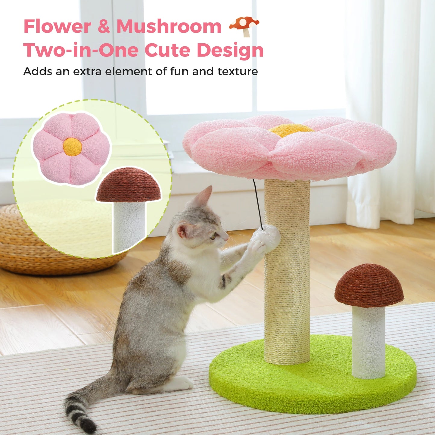 Flower Cat Scratching Tree with Mushroom Scratcher & Plush Bed