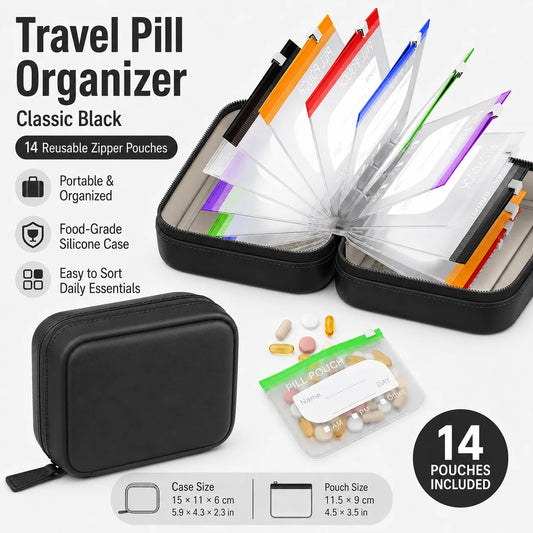 Travel Pill Organiser with 14 Reusable Pouches