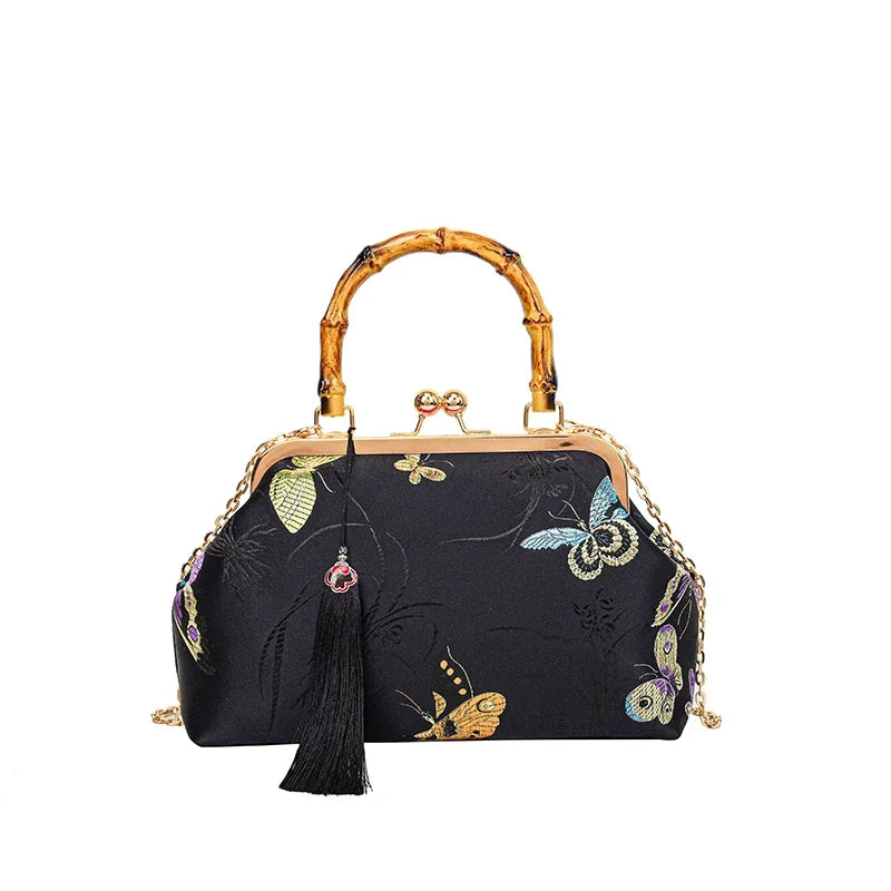 Luxury Embroidered Evening Handbag with Bamboo Handle