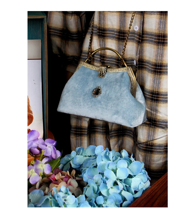 Vintage Aqua Velvet Clasp Evening Clutch Bag