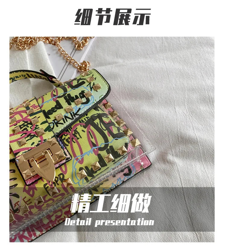Studded Graffiti Crossbody Satchel Bag