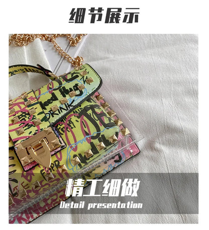 Studded Graffiti Crossbody Satchel Bag