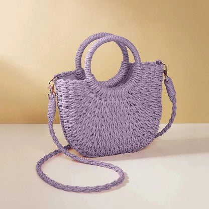 Half-Round Woven Straw Beach Tote Bag