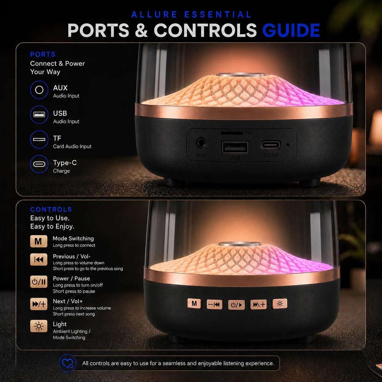 Portable Bluetooth 5.0 Wireless Speaker with Ambient Light
