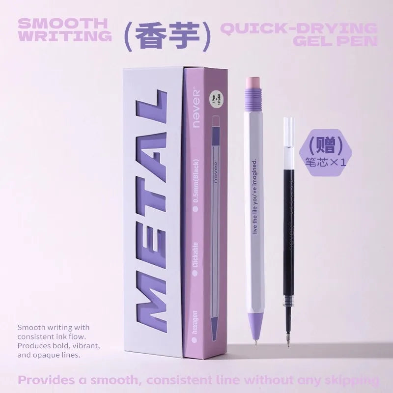 Never Hexagonal Bar Metal Retractable Gel Pen 0.5mm Quick-Drying & Weighted Black Signature Pen Aesthetic Stationery Gift