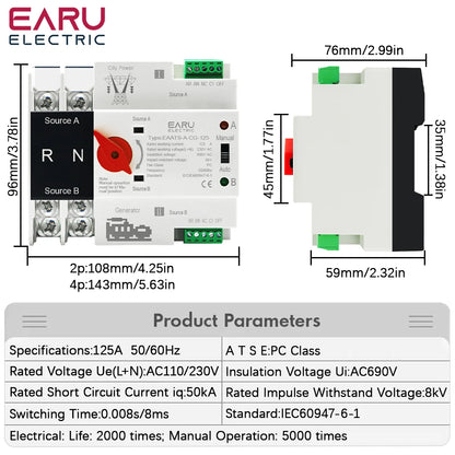 125A DIN Rail Automatic Transfer Switch ATS