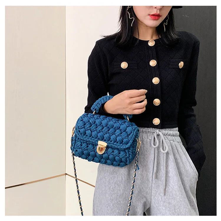 Woven Cotton Chain Crossbody Handbag