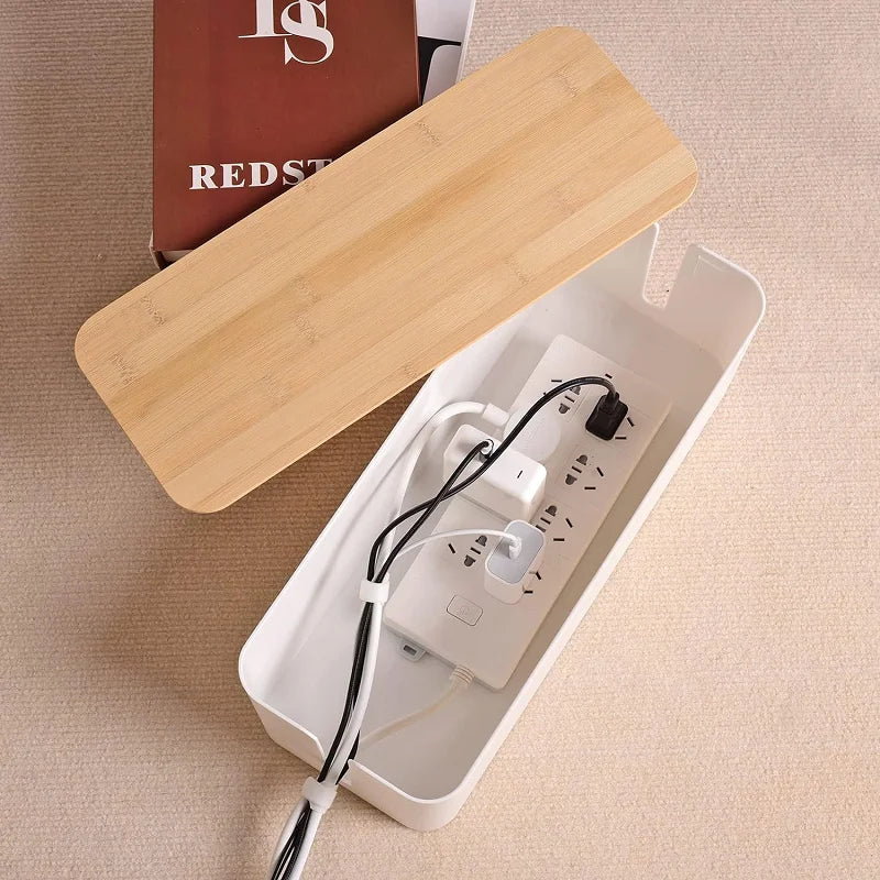 Wooden Cable Storage Box Power Strip Organizer
