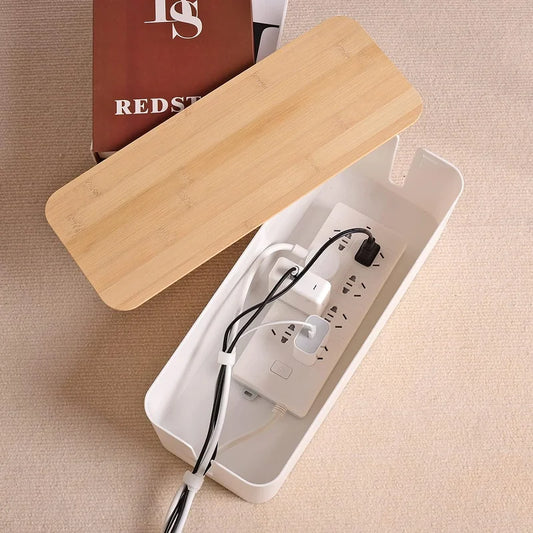 Wooden Cable Storage Box Power Strip Organizer