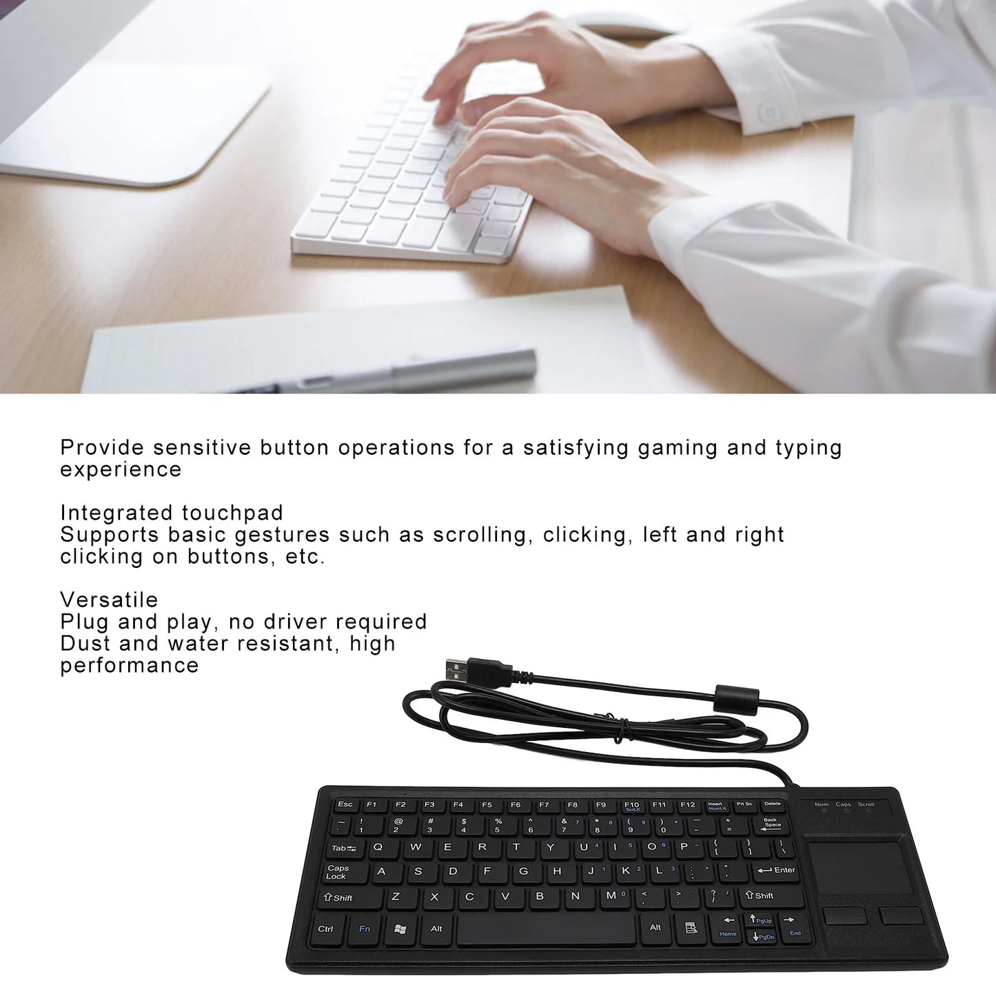 Compact Water-Resistant Wired Keyboard with Integrated Touchpad