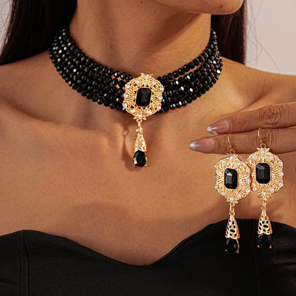Multilayer Crystal Necklace & Geometric Earring Set