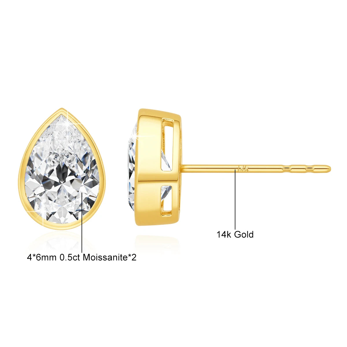14K Gold Pear Moissanite Stud Earrings
