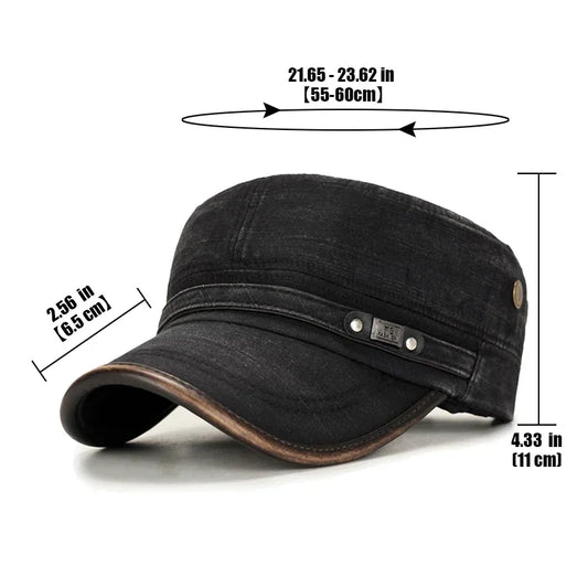 Washed Cotton Military Flat Cap with Leather Brim