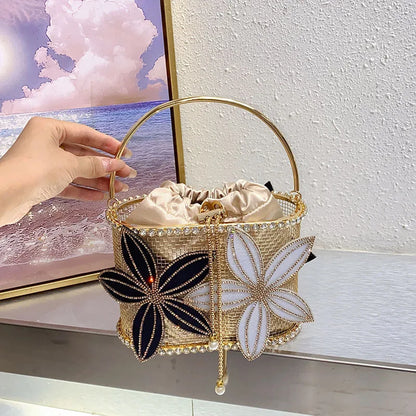 Handmade Floral Rhinestone Bucket Evening Bag