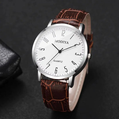 Men's Leather Strap Arabic Dial Quartz Watch Set