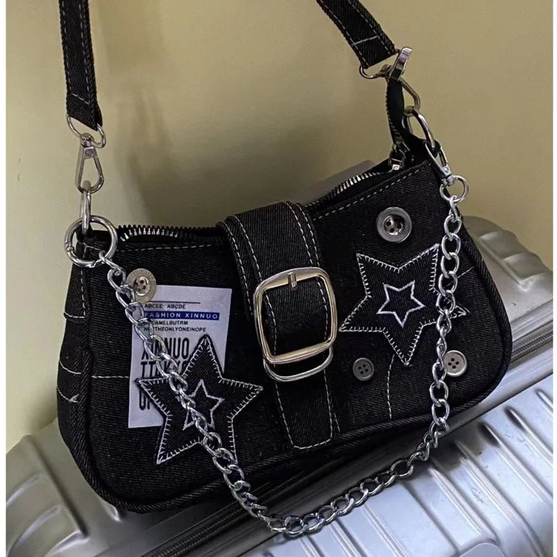 Denim Canvas Shoulder Bag with Chain Strap