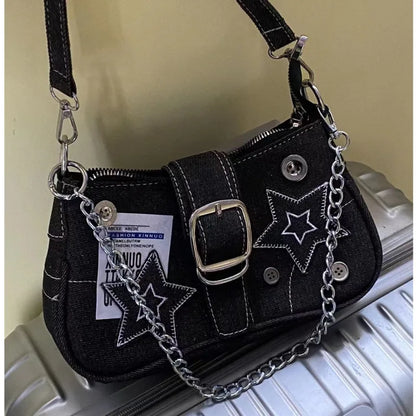 Denim Canvas Shoulder Bag with Chain Strap