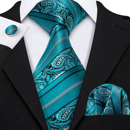 Barry Wang Jacquard Striped Silk Men's Tie Pocket Square Cufflinks Set