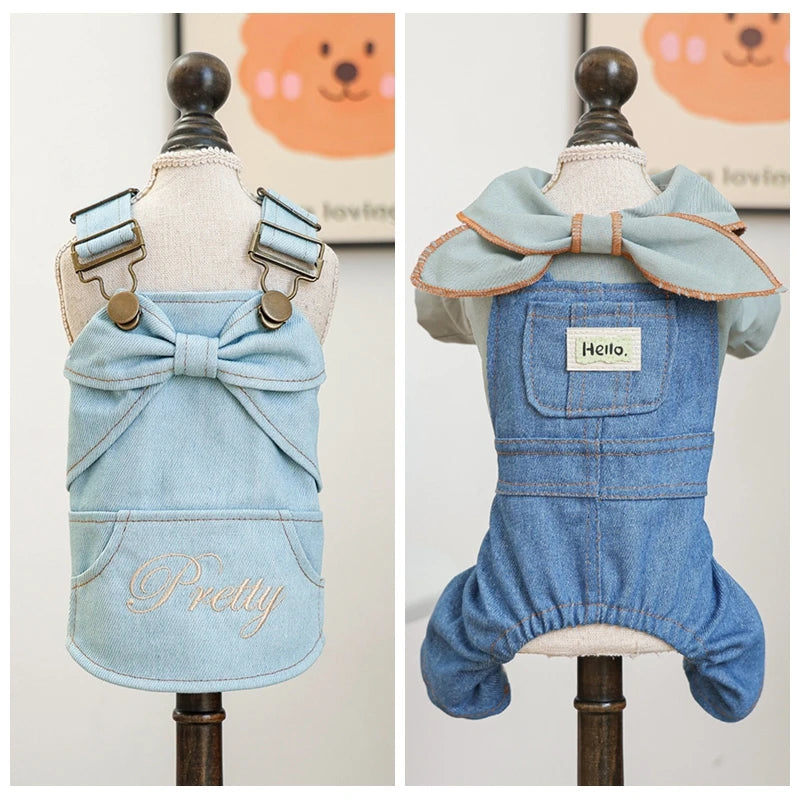 Fashion Dog Denim Jumpsuit with Bowknot Design