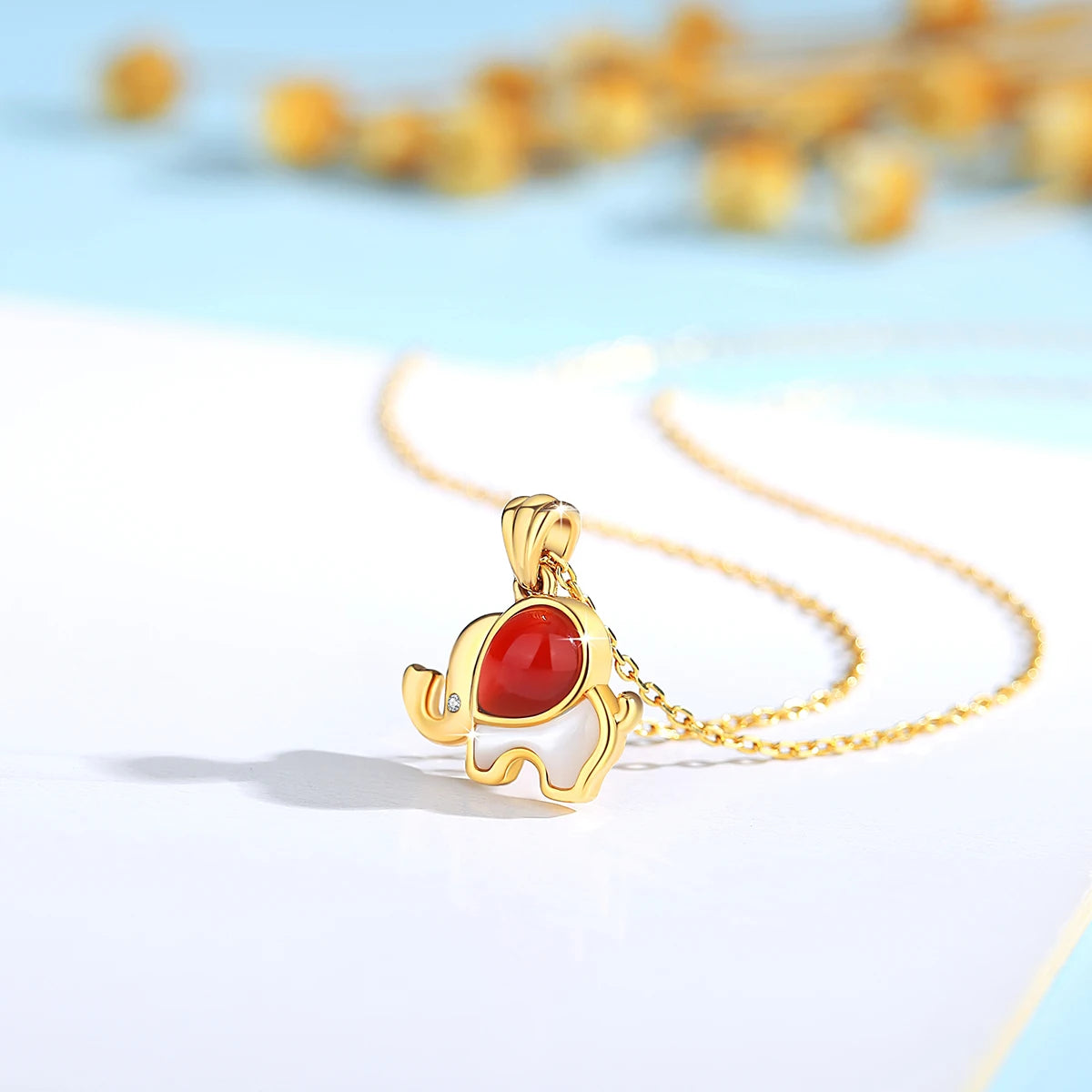 18K Gold Red Agate Elephant Pendant Necklace