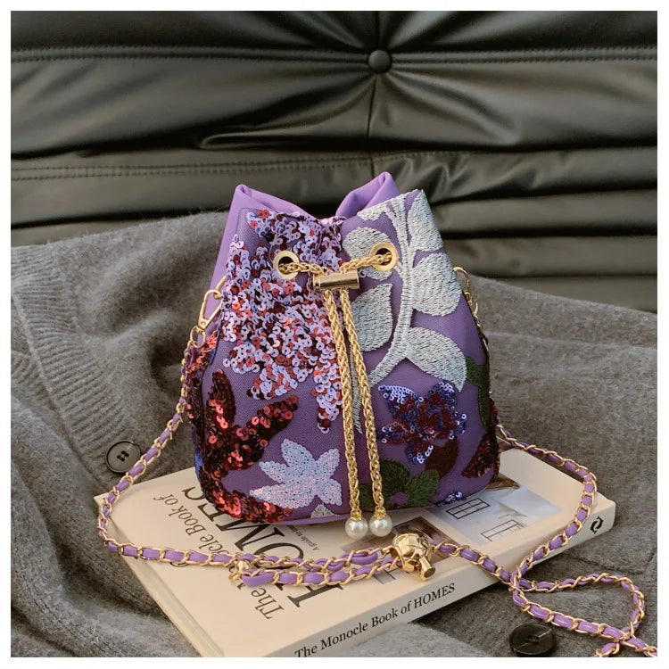 Floral Embroidered Bucket Crossbody Bag