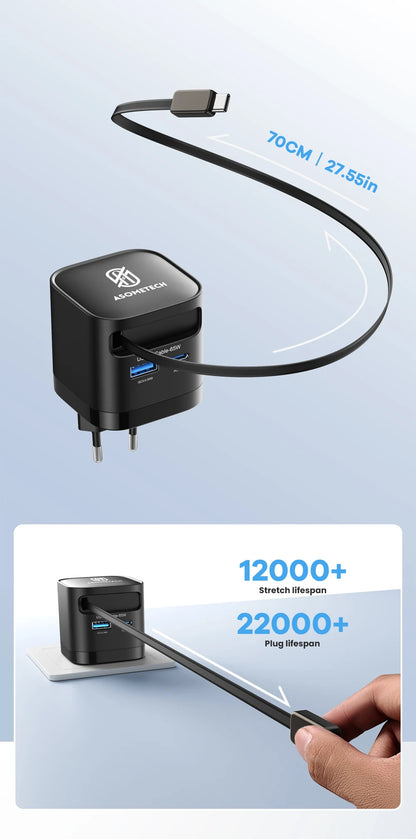65W GaN USB Charger with Retractable Type-C Cable