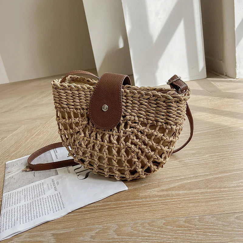 Handmade Half Moon Straw Crossbody Bag